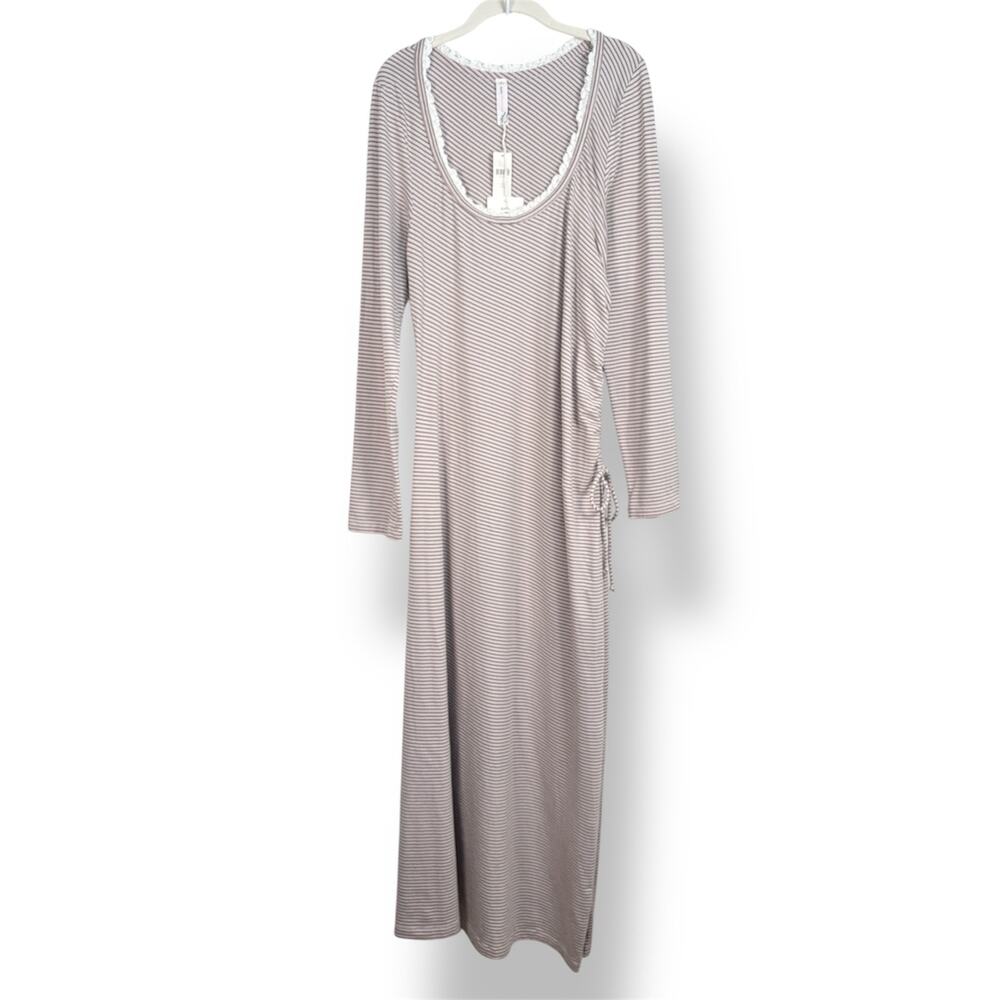 Anthropologie Daily Practice Striped Long Sleeve Slit Fitted Ruched Maxi Dress - Picture 2 of 13